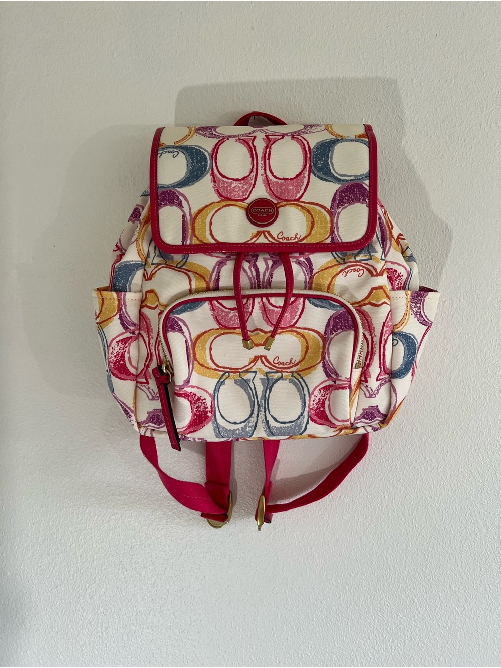 Coach Signature Scribble Canvas Backpack with Pink Trim